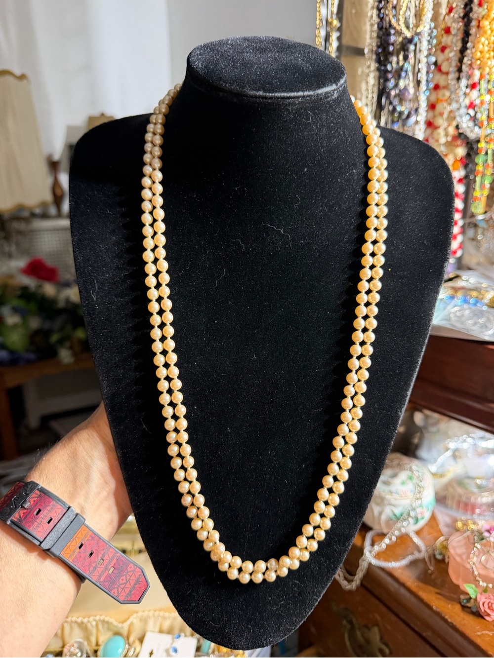 Double Strand Cream Faux Pearl Necklace Filagree Floral Sterling Clasps